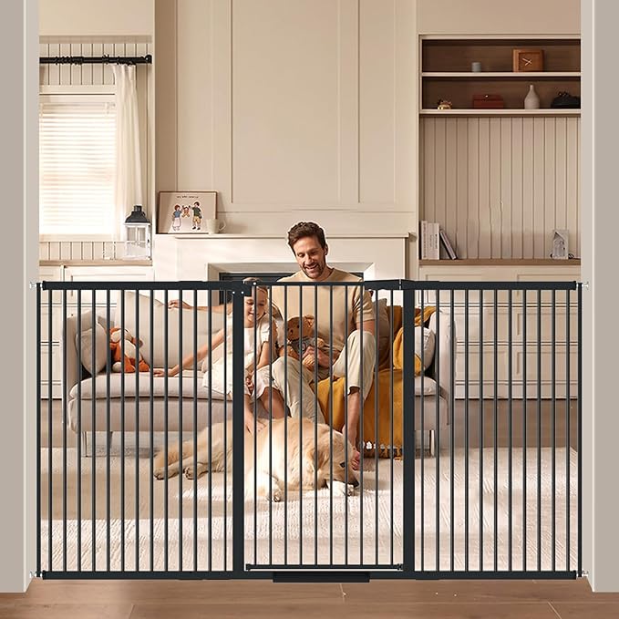40.55" Tall 1.37" Ultra Narrow Spacing Dogs Pets Baby Gate for Doorway Safety Proof Indoor 69.48-77.36" Extra Wide Puppy Pressure Mounted No Drill Walk Through Black Metal Hallway