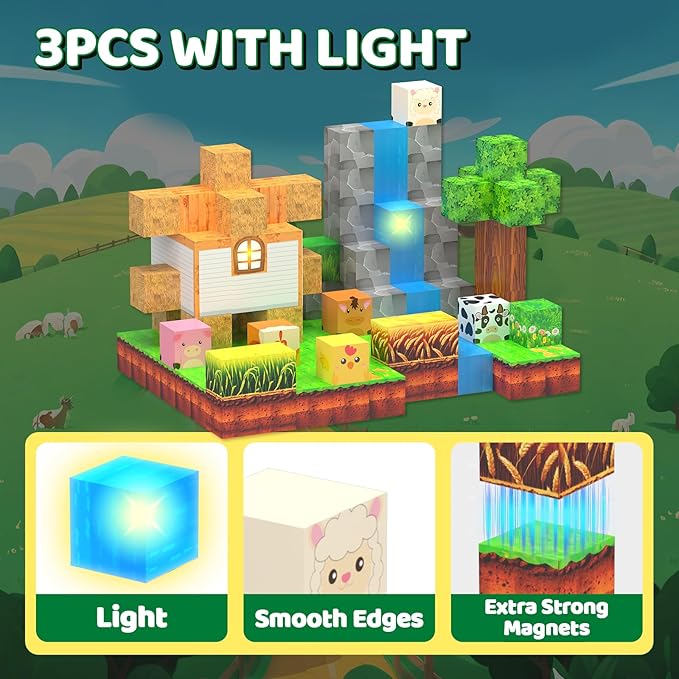 Magnetic Blocks - 138 PCS Building Blocks Set with 3 Light-Up Blocks, STEM Construction Cubes Toys for Kids 4-8, Toddler Sensory Stacking Toys, Christmas Birthday Gift for Boys and Girls Ages 3+