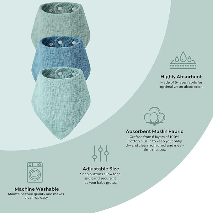 JELLYMONI 10 Pack Muslin Drool Bibs for Babies - Soft Adjustable Bandana Bib with Snaps, Absorbent Unisex Teething Bib for Newborn Girls & Boys