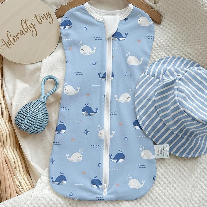 Baby Swaddle 0-2 Months, Cotton Arm-In Zipper Sleep Sack, Wearable Blankets Wrap for Newborn Infant Girls and Boys (Whale, Anchor, Pack of 2)