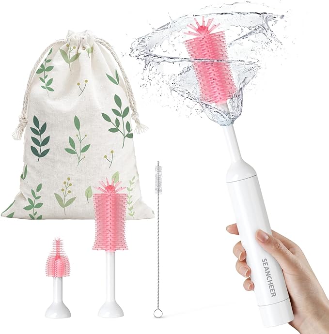 SEANCHEER S02 Electric Bottle Brush Set, Portable Baby Bottle Brush Cleaner, AA Battery-Powered & IPX7 Waterproof, with Silicone Bottle/Nipple/Straw Brush, for Home & Travel (Pink)