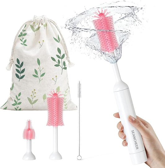 SEANCHEER S02 Electric Bottle Brush Set, Portable Baby Bottle Brush Cleaner, AA Battery-Powered & IPX7 Waterproof, with Silicone Bottle/Nipple/Straw Brush, for Home & Travel (Pink)