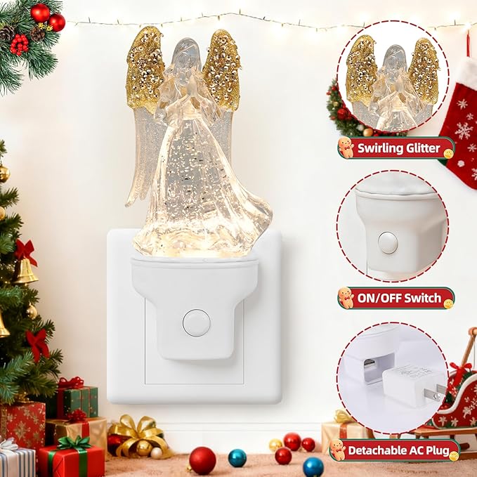 Christmas Angel Night Light Plug into Wall Swirling Glitter USB Portable Christmas Decorative Night Light Decoration for Kids Adults Bedroom Kitchen Living Room Holiday Decor (Angel)