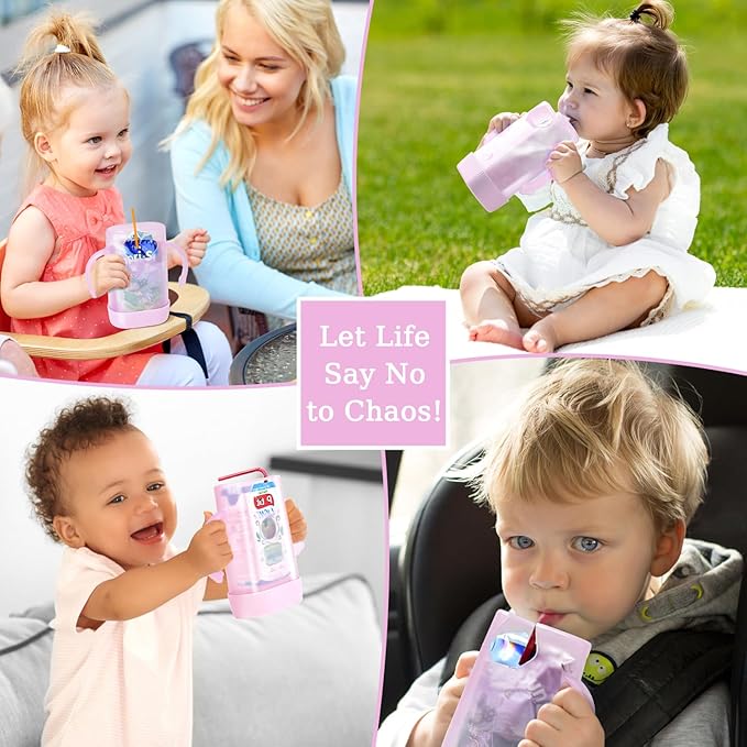 MOMUSE Dual-Lid Squeeze Pouch Holder for Food Pouches & Drink Boxes, Baby Pouch Holder with Larger Capacity, Versatile Design for Self-Feeding, Anti-Squeeze Pouch Holder No Spill No Mess, 2PC Pink