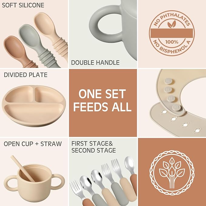 24 Pack Silicone Baby Feeding Set Baby LED Weaning Supplies Includes Suction Divided Plates Soft Bowl Spoons Forks Adjustable Bib Snack Cup and Straws(Walnut Color, Beige, Smoky Gray)