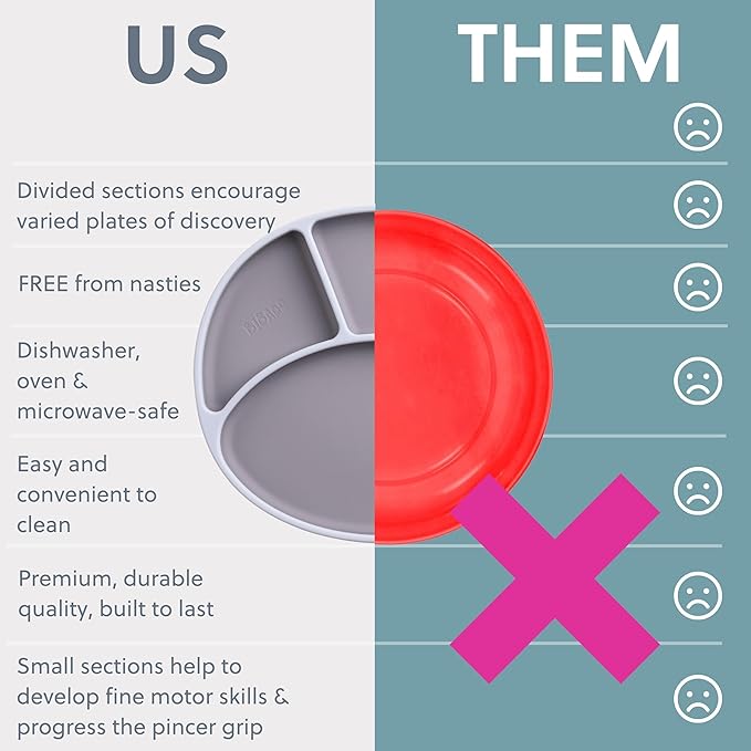 BIBaDO - Silicone Suction Divider Plate (Mist) - Toddler Plates - Help Develop Motor Skills - Durable, Dishwasher & Microwave Safe, BPA Free - Medical Grade - Baby Essentials - 6 Months to 3 Years