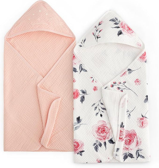 david's kids 2 Pack Hooded Baby Towels, Large 32"x32", 6 Layer 100% Muslin Cotton Absorbent Girl Bath Towel for Newborn, Infant and Toddler. Soft and Breathable Baby Essentials, Pink Floral&Rose
