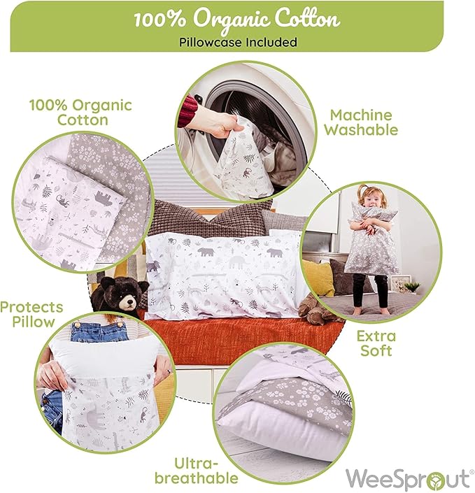 WeeSprout Toddler Polyester Organic Cotton Shell and Pillowcases, Small Kids Pillow, Soft and Supportive Polyfiber Filling, Machine Washable, 18 x 13 x 3 (Safari Print + Safari Print, 3 Piece Set)