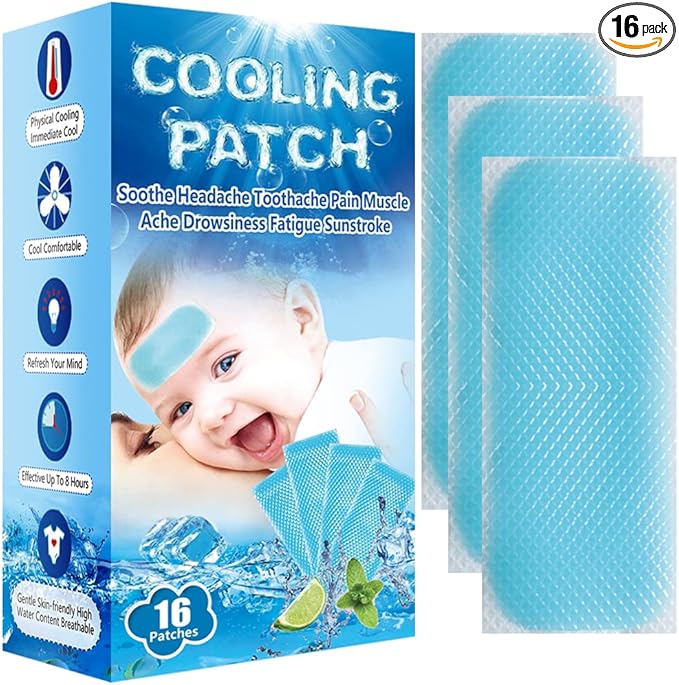 16 Sheets Baby Cool Pads for Kids Fever Discomfort & Pain Relief, Cooling Relief Fever Reducer, Soothe Headache Pain, Pack of 16