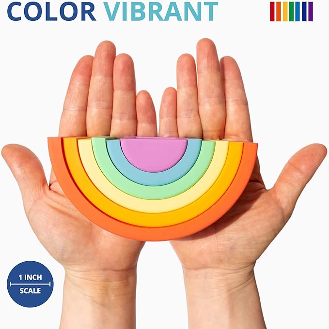 BLUE GINKGO Silicone Stacker - Montessori Rainbow Nesting Puzzle | Kids and Toddler Stacking Toy | 6 Layer Rainbow Puzzle, Sensory Toys - Matte