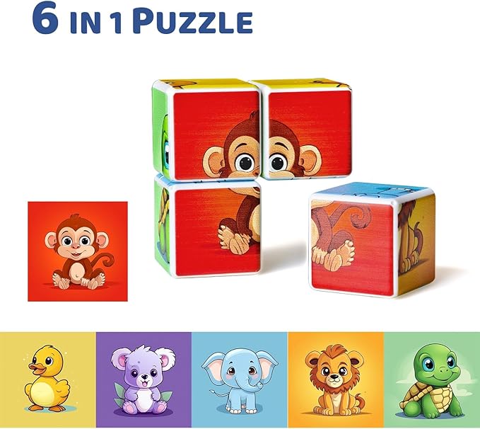3D Magnetic Cubic Jigsaw Puzzle Toys for Toddlers, Large Building Blocks Cubes 1.65 Inches, Integrated with Magnets, 6 Patterns in Animal Theme