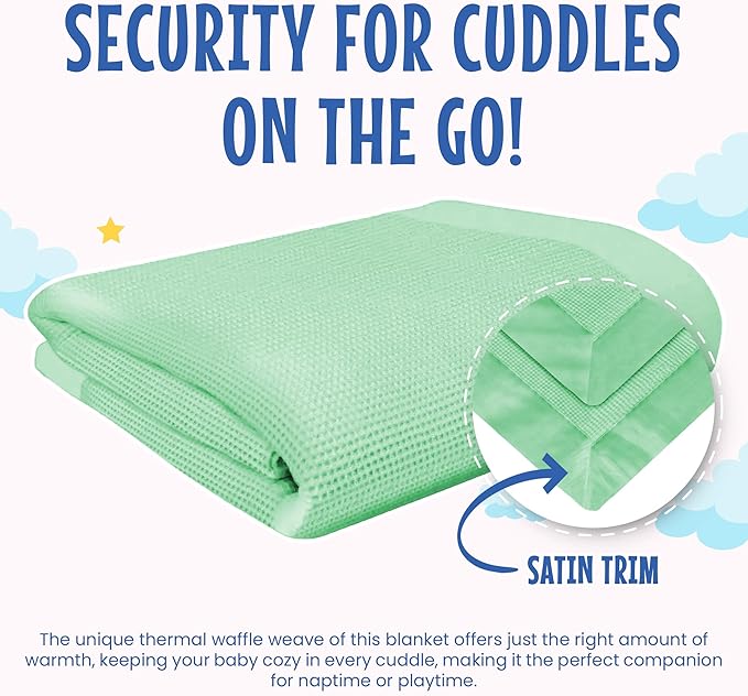 Thermal Waffle Knit Baby Blanket - Soft Breathable Mini Blanket for Newborns and Infants - Toddler Blankey for Strollers, Travel, Naptime, Nursery and More - 18" x 20" (Mint, Satin Trim)