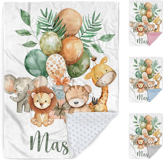 Personalized Baby Blanket with Name – Soft Double Layer Dotted Backing Custom Baby Blankets for Newborn Boys Girls, Forest Animals Flannel Receiving Swaddle, Idea(47"x60")