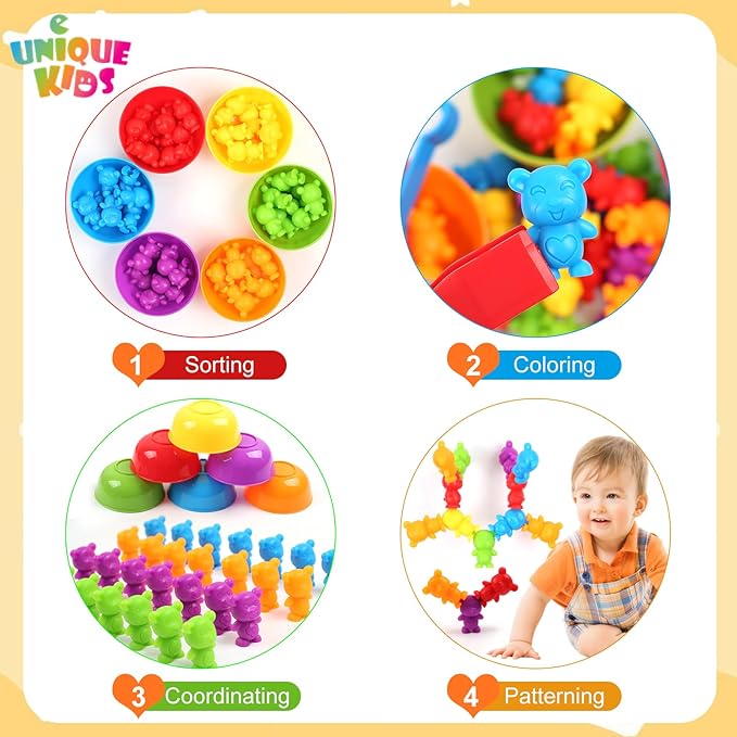 UNIQUE KIDS Counting Matching Game with Sorting Cups, Color Classification and Sensory Training Educational Learning Toys Set Gift for Toddlers Preschool Ages 3 Years and up (New Stacking Bear)