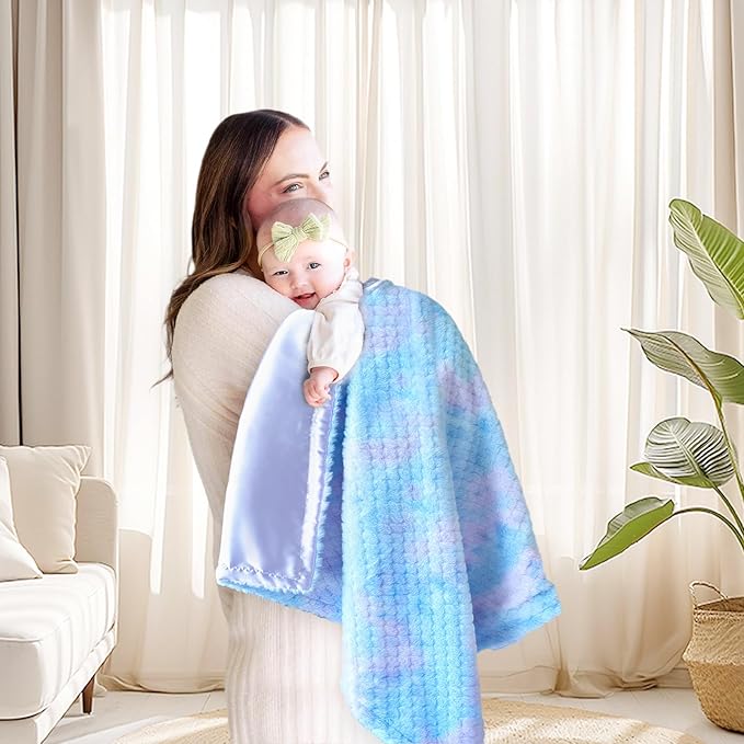 Baby Blanket for Boys Girls Reversible Fluffy Fuzzy Fleece & Skin-Firendly Silk Silky Backing, Cozy Soft Plush Blanket for Toddlers Swaddling, Stroller, Playtime Rainbow Blue 30 x 40 Inch