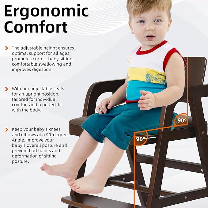 Solid Wood high Chairs for Toddlers,High Chair Grows with Kid for Dining, Study Chair for Children, Walnut Color