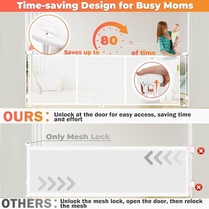 Retractable Baby Gates for Stairs, 78" Wide Retractable Dog Gate Pet Gate, 34" Extra Tall Child Safety Gate Toddler Mesh Gate with Support Rods for Doorways, Hallways, Deck, Porch, Indoor, Outdoor