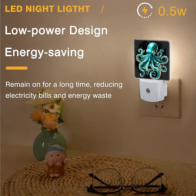 Green Octopus Night Light, Ocean Sea Animal Plug-in Nightlight with Dusk to Dawn Auto Sensor for Home Bedroom Hallway Kitchen 0.5W Sleep Friendly Led Lamp for Women Men