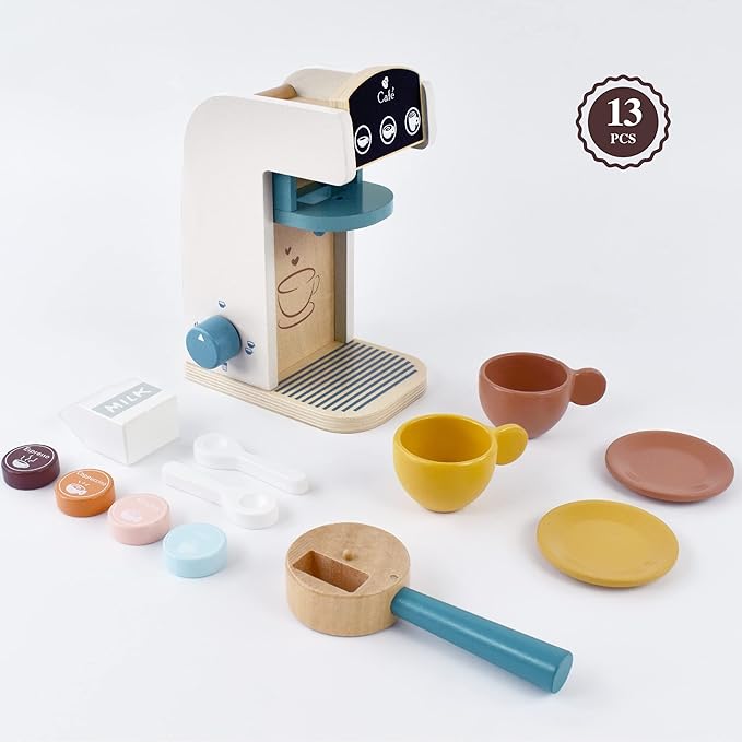 PairPear Wooden “Drop-Pod” Coffee Maker Toy， 13 Pieces Espresso Machine Playset, Barista & Cappuccino Pretend Play Kitchen Accessories Gift for Girls and Boys Age 3+