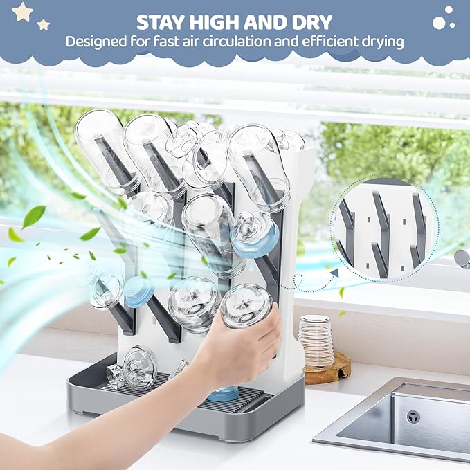 Baby Bottle Drying Rack, Baby Bottle Organizer for Countertop, Bottle Holder for Baby- Space Saving Standing Drying Rack for Baby Bottles and Brushes Part Cleaning (Gray)