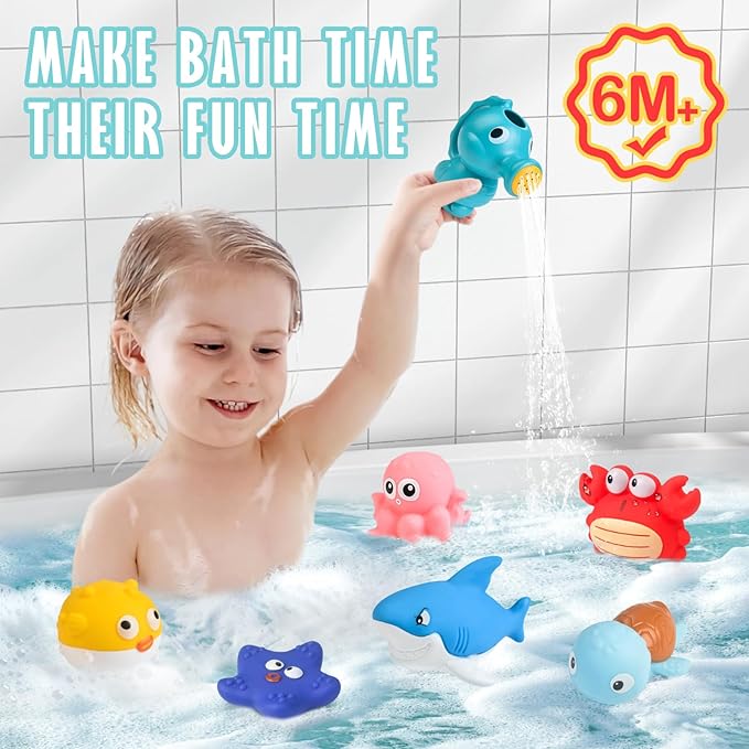Mold Free Bath Toys for Toddlers No Hole Baby Bathtub Toys with Sea Animals, Seahorse Watering Can, Fishing Net & Storage Bag, Floating Pool Toys for Boys and Girls
