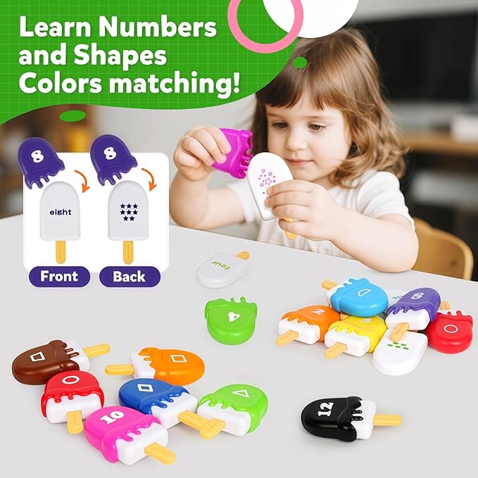 Ice Cream Toy Set - Number & Shape Sorting Stacking Bucket for Toddlers - Educational Counting Color Recognition - Montessori Math Learning Toys for Kids Ages 3+Year Old