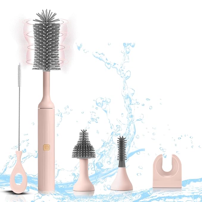 Electric Baby Bottle Brush Set with Rechargeable Electric Bottle Brush Cleaner and Replaceable Silicone Bottle Brushes and Straw Brush Cleaner, Waterproof Multi-Purpose Cleaning Brush(Pink)