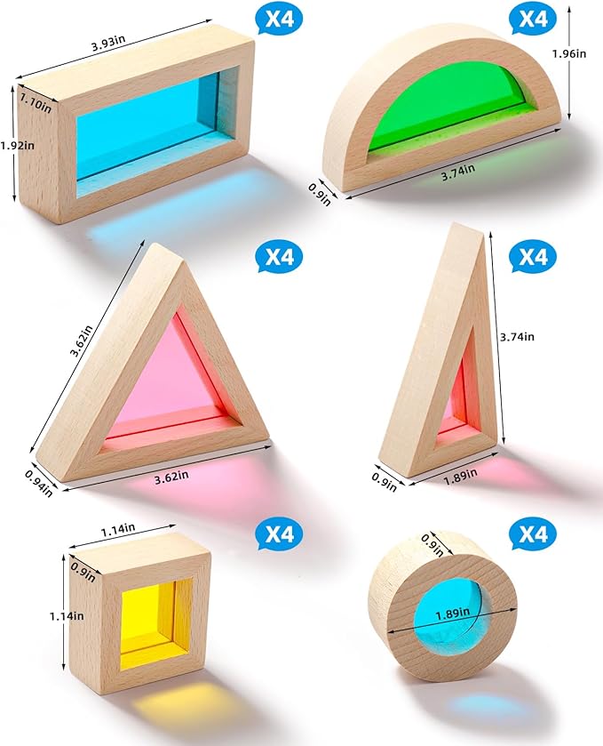 Wooden Building Blocks with Rainbow Acrylic Windows - 24pc Classic Montessori Stacking Set - Screen-Free Educational STEM Construction Toys for Toddlers Ages 18M+