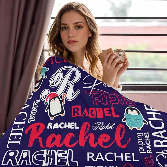 Personalized Baby Blanket with Name for Unisex Boys Girls, Navy Blue Penguin Bed Throws Newborn, Customized Blanket with Name Gift for Christmas Birthday, Super Soft Nursery Blankets for Kids Teens