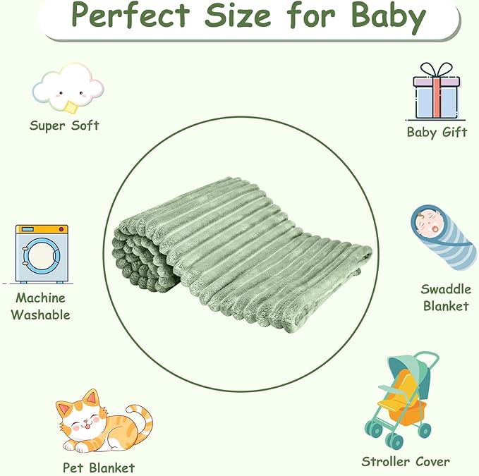 Soft Fleece Baby Blanket Ultra Cozy Green Baby Blankets for Boys Warm and Lightweight Infant Toddler Newborn Receiving Gift with Reversible Stripes for Crib Stroller, 30x40 Inch, Sage Green