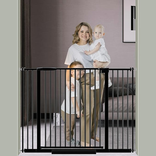DEARBB Extra Wide Baby Gate Ultra Narrow Spacing 30.11-77.36" Pressure Mounted Double Lock Swing Auto Close Walk Through Metal Safety Pet Gate for Stairs and House Doorway Kitchen