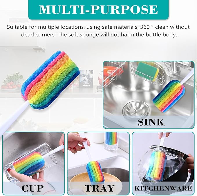 Bottle Brush with Straw 4PCS Sponge Cleaning Long Handle Scouring Pad Scrub for Kitchen Clean Baby Bottle Glasses Mugs Cups (1PCS+Straw Brush 4PCS)