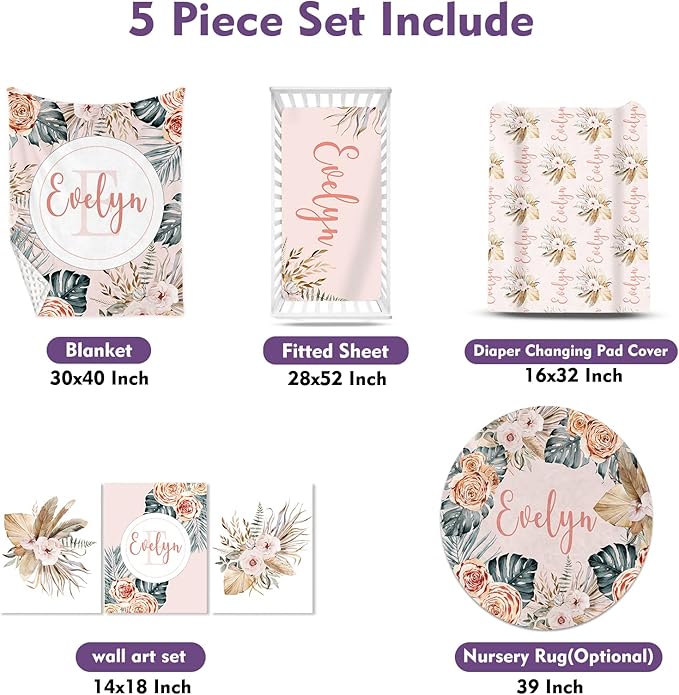 Personalized Nursery Crib Bedding Set: Custom Name 5 Piece Baby Crib Sets with Bohemian Flowers - Toddler Double Layer Blanket Set, Comfortable Crib Bed Sheets for Baby Gril