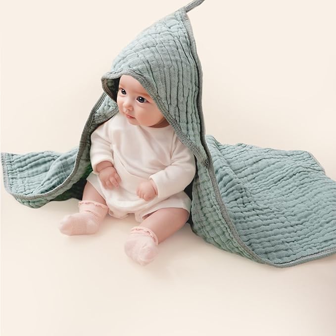 Muslin Hooded Baby Towels,2 Pack Baby Bath Towels,Large 31.5x31.5Inch,Hooded Towels for Baby and Infant,Soft&Absorbent(Green and Pink)