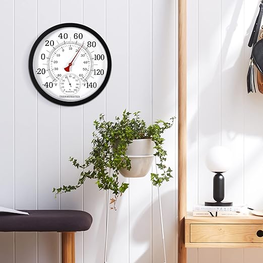 10.5 Inch Indoor Outdoor Thermometer Large Numbers - Weather Thermometer Hygrometer Waterproof, No Battery Needed Outdoor Thermometers for Patio, Home, Garden Decoration (Black)