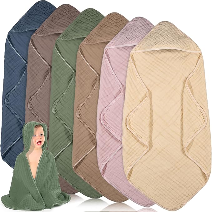 Peryiter 6 Pcs Muslin Hooded Baby Towels, 32"x 32" Cotton Newborn Bath Towel Muslin Infant Baby Blankets Absorbent Unisex Newborn Registry Gift Essentials for Girls Boys (Brown)