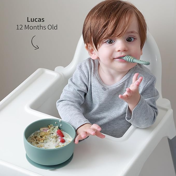 SAMiGO Silicone Baby Bowl and Spoon Set with Suction and Lid, First Stage Self Feeding Essentials, Food Bowl for 6+ Months