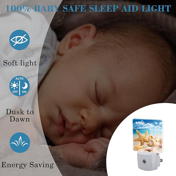 Night Light Plug into Wall Starfish Seashells On Beach Night Light with Dusk to Dawn Sensor Night Light for Kid Girls Boys Women Men Room Decor, Hallway, Kitchen, Bathroom, Nursery, Stairs