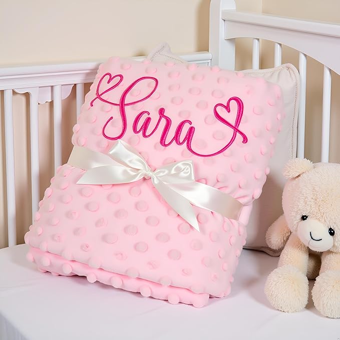 Personalized Baby Blankets for Girls and Boys, Custom Baby Blanket with Name, Embroidered Soft Minky Fleece Customized Nursery Blanket, Newborn Shower Christening Birthday Gift, 27 * 35 Inch