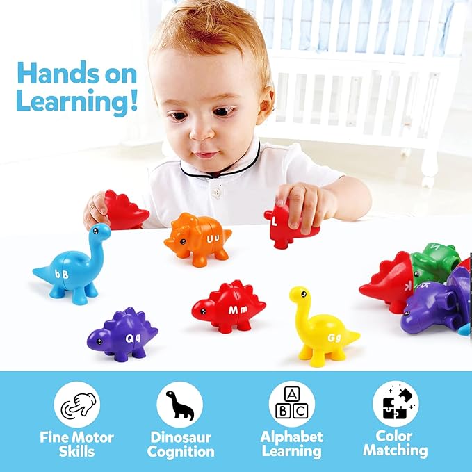 Matching Letters Counting Dinosaur Toys with Double-Sided ABC Alphabet Preschool Learning Uppercase Lowercase Sensory Sorting Educational Montessori Toy Sets for Kids Toddler Aged 3+ Years Old