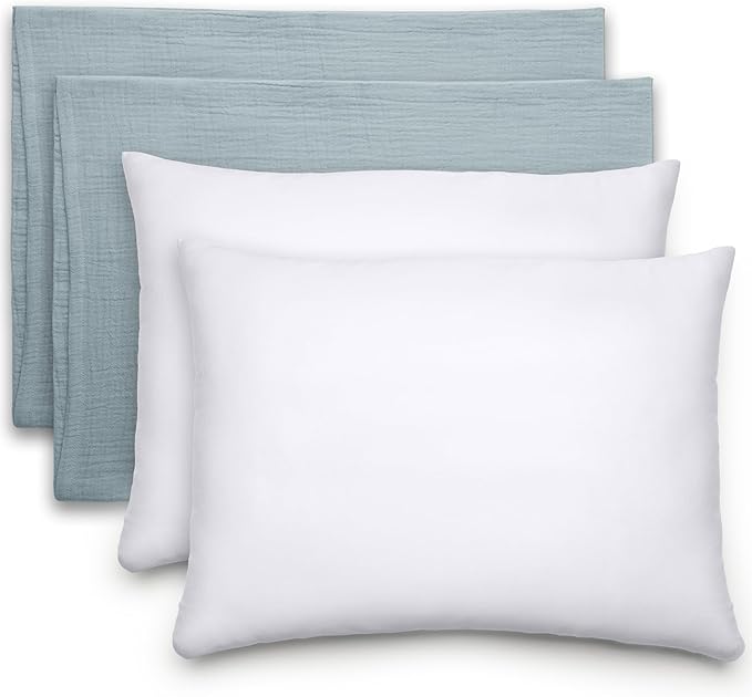 Comfy Cubs Toddler Pillow with Muslin Pillowcase, 13 x 18 in, 2 Pack - Travel and Sleep Support for Kids - Lightweight, Breathable Microfiber Fill - Soft & Cozy Small Pillow for Toddler Pacific Blue