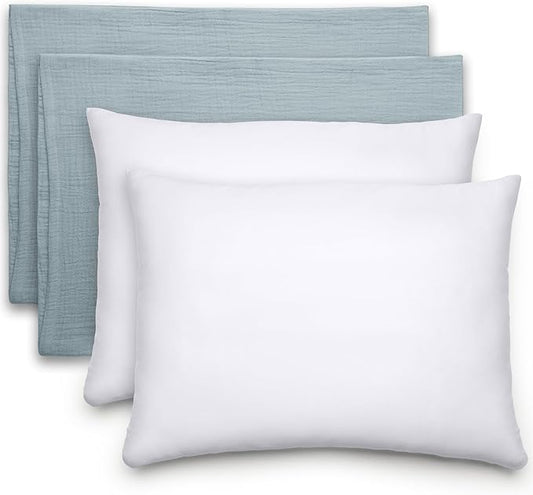 Comfy Cubs Toddler Pillow with Muslin Pillowcase, 13 x 18 in, 2 Pack - Travel and Sleep Support for Kids - Lightweight, Breathable Microfiber Fill - Soft & Cozy Small Pillow for Toddler Pacific Blue