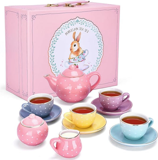 Jewelkeeper 13 Pieces Porcelain Tea Set for Little Girls with Pastel Picnic Basket - Mini Toddler Tea Sets for Girls 2 and Up - Real Cups, Teapot, and Saucers - Children Playset - Polka Dots Design