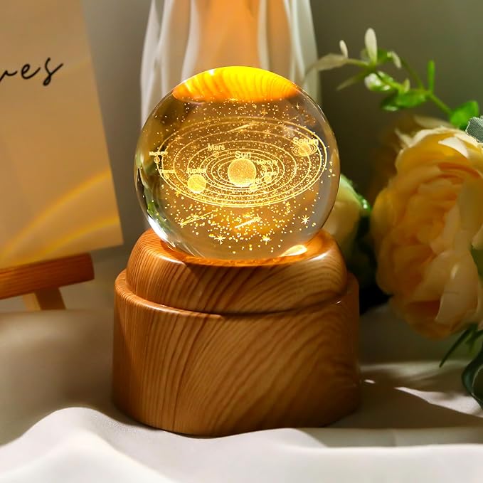 Ornalrist 3D Solar System 2.36“ Crystal Ball with Rotated Wood Bases, Space Decor Astronomy Gifts for Women Men Physics Enthusiasts Science Teacher Planet Lamp Universe Night Light