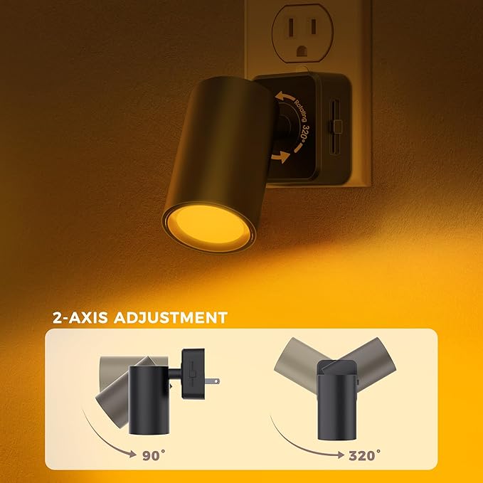 Night Lights Plug into Wall, 320° Rotation Night Light, RGB Color Changing Nightlight, Spot Light Dimmable Brightness, Dusk to Dawn Nightlight for Bedroom, Spot Light, Kids Room, Stair, 2 Pack