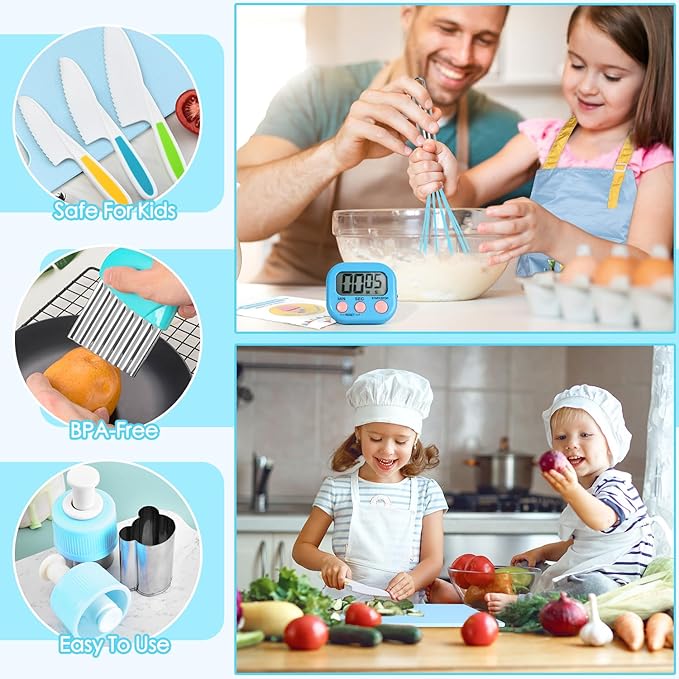37PCS Kids Cooking Sets Real, Kids Cooking and Baking Gift Set with Storage Case Timer Kid Safe Knives Cutting Board, Toddler Real Kitchen Accessories, Birthday Gifts for Girls Boys Age 4 - 8