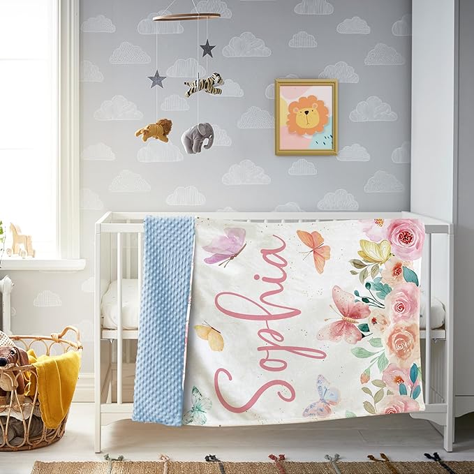 Personalized Baby Blanket for Girls, Custom Baby Blankets with Name, Soft Flannel Double Layer Receiving Swaddle Blanket, Pink Butterfly Monogram Birthday Gifts for Toddlers Infants (60"x80")