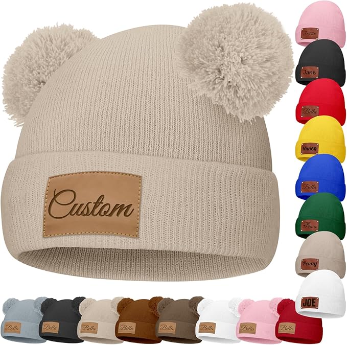 Custom Baby Beanies Personalized Toddler Winter Hats Name Leather Patch Kids Knit Warm Hat for Infant Boys Girls Adult