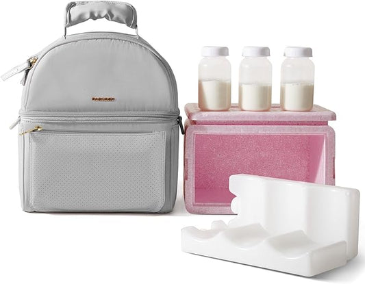 Sunveno Breastmilk Cooler Bag Set with 2 Ice Packs & Detachable Insulation Box, 15-Hour Cold Retention Foil-Lined Leak-Proof Tote Fits 3 Baby Bottles for On-The-Go Pumping Moms, Daycare & Travel,Grey