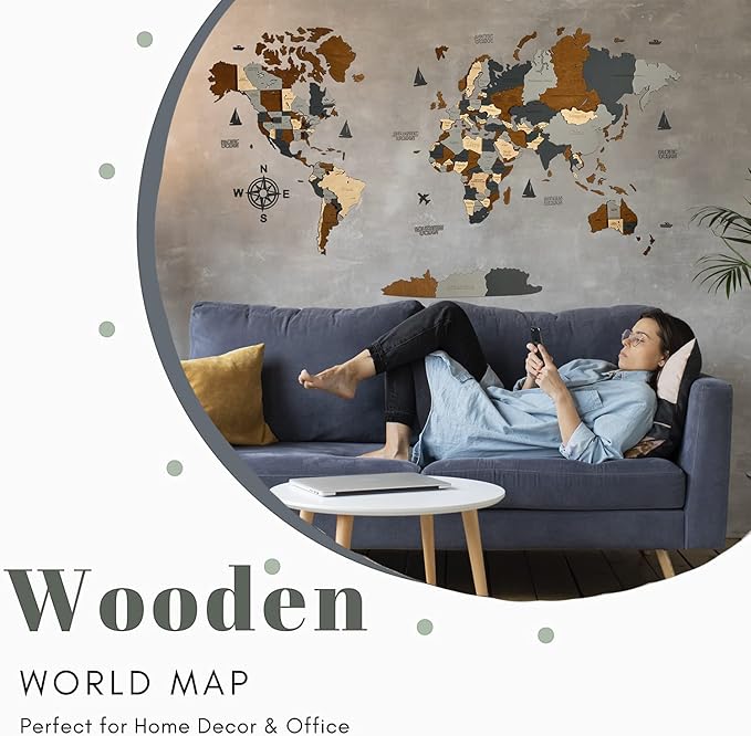 Wooden World Map 3D Art Large Wall Decor - Size (M, L, XL) Any Occasion Gift Idea - Wall Art For Home, Kitchen or Office (XL, SKY)